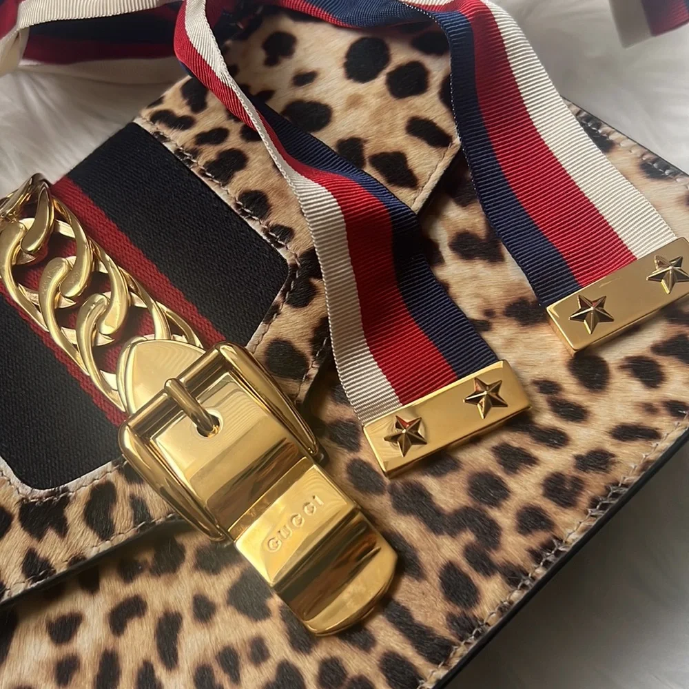 💯% Auth GUCCI Leather Bag - Sylvie Calf Hair Harako Leopard Print Shoulder Bag